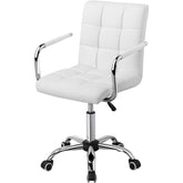 A sleek white office chair with chrome wheels and arms, ideal for modern workspaces and enhanced user support.